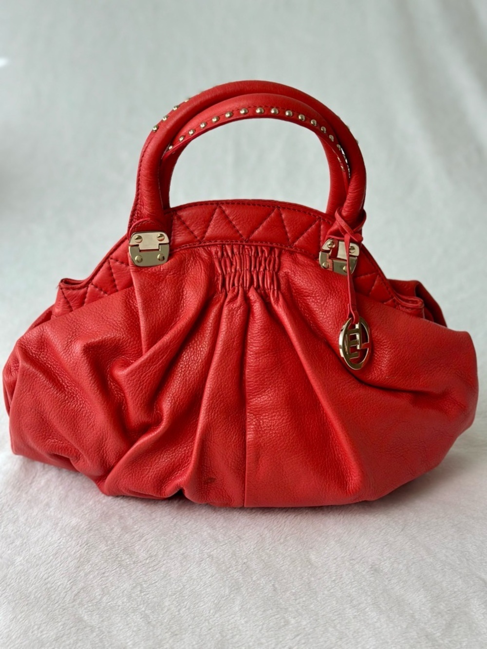 Elliott Lucca Satchel Handbag Pleated Red Leather With Studded Handles